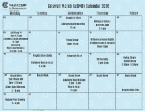 Griswell activity calendar March 2026